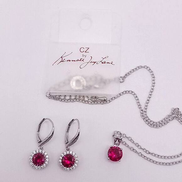 CZ By Kenneth Jay Lane Ruby Necklace and Drop Earring Set - Picture 8 of 11